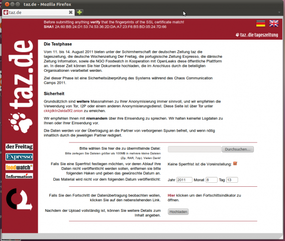 Das Eingabeformular von Openleaks in der Testphase auf der Webseite der taz